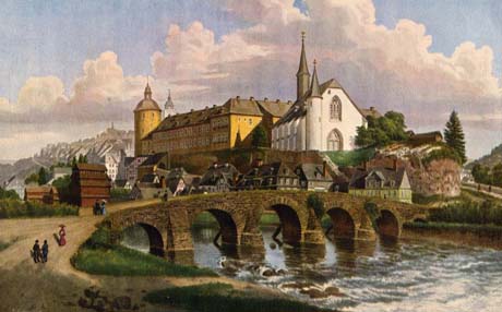 Siegen mit Siegbrücke und unteres Schloss um 1850 nach einem Aquarell von Jacob Scheiner-Klein.
