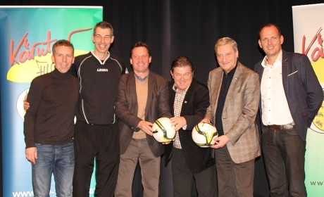 Didi Pegam (Akademieleiter Sturm Graz), Carsten Effertz, Werner Gregoritsch (ÖFB U21 Nationaltrainer), Fritz Driessler (Sportlicher Leiter KFV), Werner Lippitz (Präsident KFV) und Martin Scherb (UEFA Pro Lizenz Trainer) beim Symposium des Kärntner Fußballverbandes. Foto: Verein