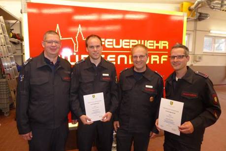 Von li.; Markus Schwarze, Leiter der Feuerwehr, Benny Scholl, Löschzugführer, Michael Hecker und Timo Schramm, beide stellv. Löschzugführer Foto: Löschzug Würgendorf
